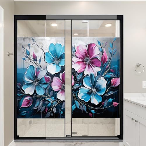 Rustic Colorful Flowers Window Film Sun Blocking Beautiful Blue Pink Plants House Window Tint Film No Glue Glass Cling Coverings for Home Decorative 90 x 160 cm x2 Pcs