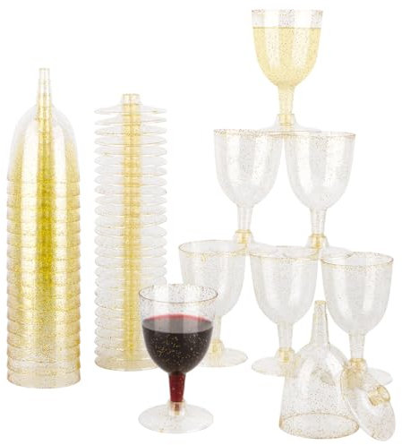 BEYGIH 30PCS Plastic Wine Glasses, 180ml Reusable Gold Glitter Personalised Plastic Wine Cups, Wine Glass for Whiskey, Cocktails, Champagne, Ideal for Birthdays Parties, Weddings, Christmas, Camping