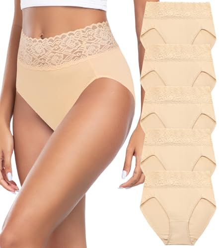 Wealurre Culotte Femme Taille Haute Coton Doux Slip pour Femmes Dentelle Élastique sous-Vêtements Lot de 5, Chair, M