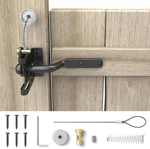 suzmei Self Locking Gate Gravity Latch Carbon Steel Auto Gate Latch Garden Gate Latches and Catches with Adjustable Gate Latch Cable Pull for Metal Wooden Fences Gates Sheds - Black, Spring Loaded
