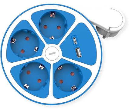 ROLINE 4-Fach Steckdosenleiste mit Schalter, rund, USB-Charger A+C, blau, 3 m