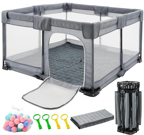 Faltbarer Baby-Laufstall, 127x127cm faltbarer Laufstall für Babys und Kleinkinder, faltbares Baby-Aktivitätszentrum, tragbarer Spielhof mit 4 Handlern und 30 Ozeanbällen. (127X127 CM)