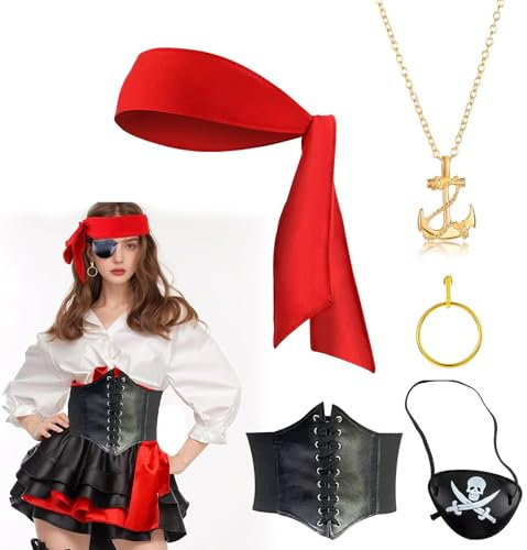 Piratenkostüm Damen Zubehör, 5-teiliges Piraten Zubehör Damen mit Piraten Kopftuch, Auge Patches, Korsett Damen, Creolen, Goldene Vintage Halskette – Perfekt für Halloween, Karneval & Piratenpartys