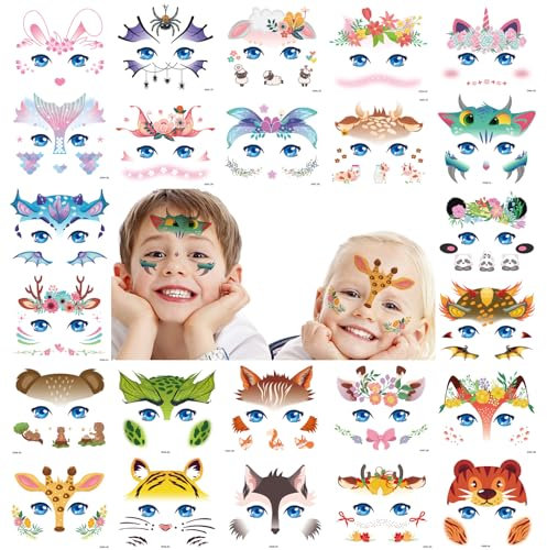 Qpout 24 Sheets Tatouages temporaires pour les enfants, Mignon Animal Face Peinture Maquillage Tatouage Autocollants pour filles Garçons Décorations d’anniversaire Animaux Sacs de fête