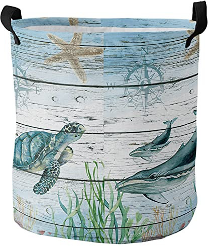 Wäschekorb Nautische Meerestiere Runde Lagerung Wäschekörbe Faltbar Wäschesammler Langlebig Rund Kleidung Aufbewahrungskorb Für Household Wohnheim Badezimmer 34x42cm