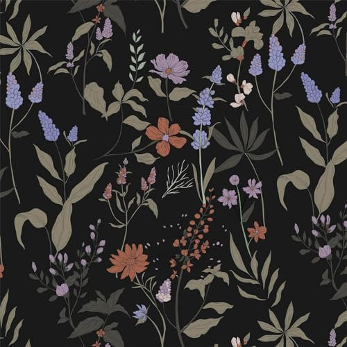 Timeet Self Adhesive Wallpaper Black Botanical Peel and Stick Wallpaper Orange Purple Flowers Blown Leaves Sticky Back Plastic Paper Waterproof 44x300cm Vinyl Film for Cabinets
