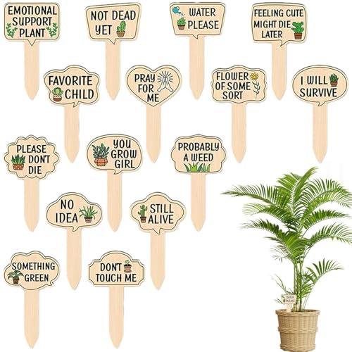 Lustige Pflanzenmarkierer, 15 Stück grüne Holzpflanzenanhänger, 6,8 x 11,9 cm, Gartenstecker für Gartenliebhaber, Beschriftungsschilder für drinnen und draußen, niedlicher Topfmarker für Zuhause