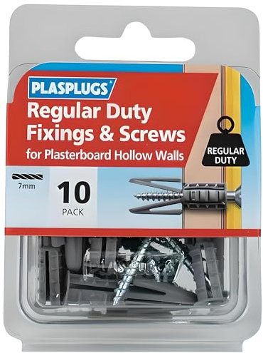 AMK® Plasplugs Regular Duty Fixings & Screws Pack of 10 For Hollow Plasterboard Walls Use With Drill Size 7mm Screws Included