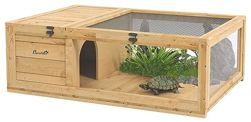 PawHut Maison enclos Cage Habitat pour Petit Animal Tortues avec 2 espaces 91 x 60,5 x 32 cm Bois Massif Jaune Clair