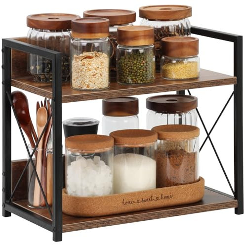 Safona 2 Ebenen Gewürzregal Stehend, Kaffee Organizer, Küchenregal Arbeitsplatte, Regal Küche Arbeitsplatte, Kleines Regal Holz für Küche, Wohnzimmer, Esszimmer, Büro, Badezimmer, 35 × 20 × 30cm