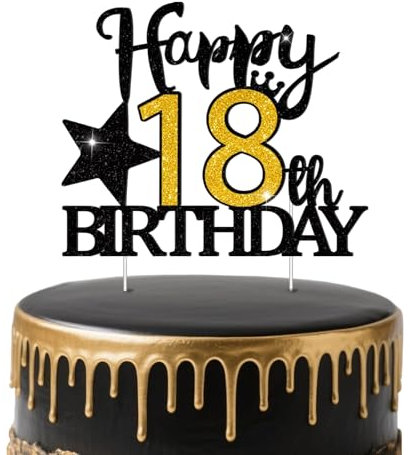 Tortendeko 18. Geburtstag Mädchen Junge, Happy 18th Birthday Tortendeko, Glitzer Schwarz Gold 18ter Cake Topper, für 18 Geburtstag Deko Kuchen Deko