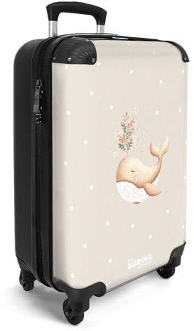 NoBoringSuitcases.com® Handgepäck Koffer Kinder 55x35x20 cm Reisekoffer Kinderkoffer 4 Rollen Leicht Cabin Kindertrolley Reise Hartschalenkoffer Walfisch - Meer - Beige - Punkte