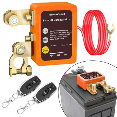 Batterietrennschalter 12V mit Fernbedienung, Batterie Trennschalter 12V 240A mit 2 Fernbedienung Kill Switch Anti-Diebstahl für Motorrad, Auto, RV, Boot, Yacht, Wohnwagen(orange)
