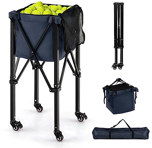 FANTASK Tennisballwagen klappbar für 150 Tennisbälle, Aluminium Leichter Tennisballkorb mit Rädern, Seitentasche & Tragetasche, 3KG Leichtes Design, Blau