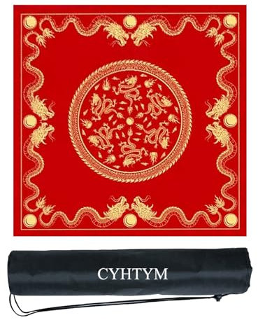 CYHTYM Tapis de Mahjong Rouge à Motif de Loong Chinois avec Sac de Rangement Noir, Grand Tapis de Table antidérapant et antibruit, adapté au Poker et à l'échiquier(Red4,85cm/33.4)
