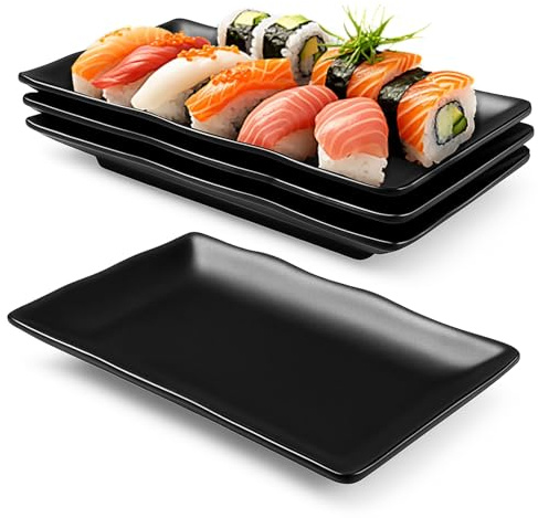 Bocguy 4 Stück Schwarze Teller, 12,8x20,7x2,7cm Rechteckige Servierplatten, Servierteller für Fleisch, Sushi, Snacks, Salate
