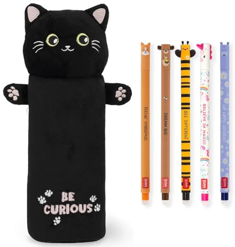LEGAMI Super Soft Pencil Case & Erasable Gel Pens | Set of 5 Cute Animal Pens with Thermosensitive Ink + Plush Pencil Case | Back to School Supplies for Girls, Boys, Kids & Teens (Kitty)