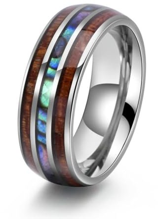 fycouyee Fashion inlaid wood grain abalone fillet shell tungsten ring men's jewelry