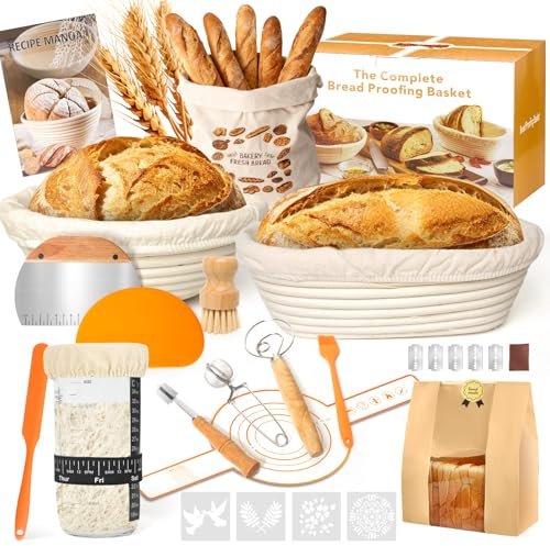 Sauerteig Starter Set, Gärkorb (23cm rund&25cm oval) aus natürlichem Rattan | inkl. Leineneinsatz, Teigrührer & mehr – Professionelles Brotbackzubehör für Anfänger und Erfahrene Bäcker