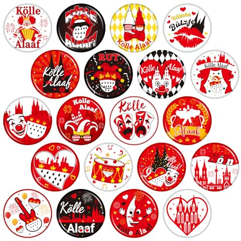 SEPGLITTER Buttons Karneval Koln Accessoires, 20 Stück Köln Anstecker Pin Kölle Alaaf Buttons Fasching Kostüm Accessoires für Jecken Geschenk Idee Karneval Kostum Faschingskostume Fasching Kostum