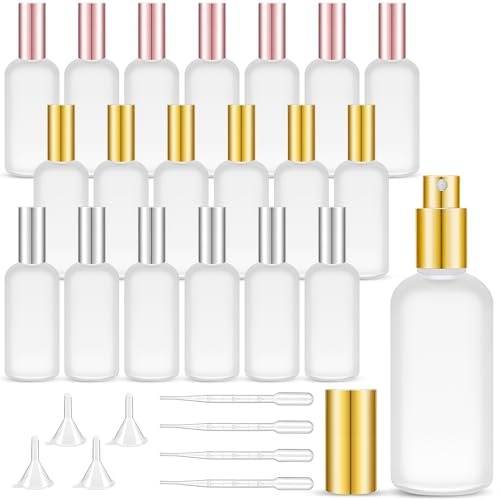JTKDG 20 Pcs Glass Spray Bottles 3.4 oz/100 ml Empty Perfume Frosted Atomizer Refillable Clear Reusable Bottles with Fine Mist Sprayer Pump for Face Body Travel(Silver, Rose Gold, Gold)