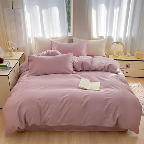 KLUOT Parure de Lit Coton 220 x 240 cm Violet Parure de Lit 2 Personnes Réversible Housse de Couette en Coton Doux et Respirant avec 2 Taie d'oreiller 1 Drap Plat