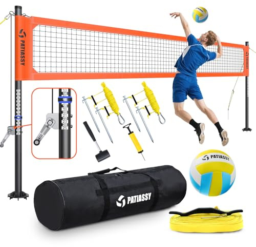 Patiassy Professionelles Volleyballnetz für den Garten Mit Höhenverstellbar Stangen [Anti-Rost Beschichtung], Grenzlinie, PU Volleyball, Pumpe, Seilspanner, Tragetasche 5-Minuten-Montage (9,75m*1m)