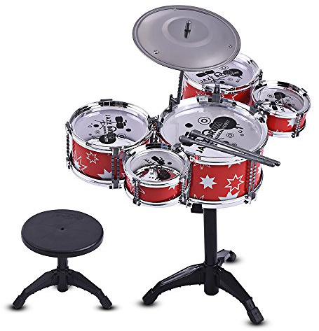 Kinder Jazz Drum Set Kit Musikinstrument Spielzeug mit 5 Trommeln 1 Becken kleinem Hocker und Drumsticks für Jungen Mädchen