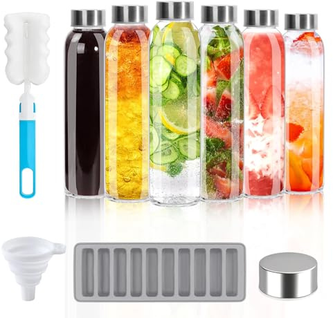 Eidoct 6 Pcs Glass Bottles with Lids, 500ml Clear Glass Juice Bottles | Glass Water Bottle, Glass Juice Bottles with Lids, Reusable Leakproof Bottle, with Stainless Steel Airtight Lid, BPA Free