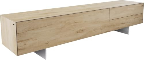 DELIFE TV-Board Cuor Keramik Laminam® Sabbia Eichefarbig 220 cm 1 Klappe 2 Schubfächer Fuß Schwebeoptik Edelstahl Lowboard