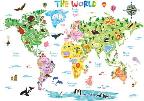 DECOWALL DL3-1615 Extra groß Weltkarte Tierweltkarte Tiere Wandtattoo (140x106 cm) Wandsticker Wandaufkleber Wanddeko für Wohnzimmer Schlafzimmer Kinderzimmer (Englisch Ver.)