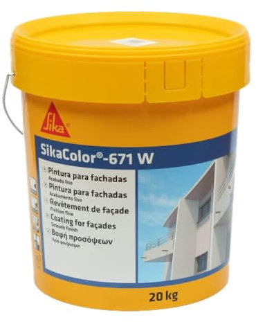 SIKA - Pintura para fachadas - SikaColor 671W - Blanco - Impermeabilizante y decorativa - Hormigón, mortero, ladrillo, piedra - Impermable - 20kg