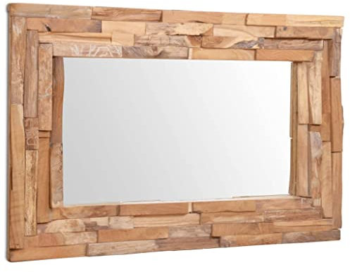 vidaXL Teak Dekorativer Spiegel Handgefertigt mit 4 Aufhängehaken Holzspiegel Wandspiegel Flurspiegel Dekospiegel Hängespiegel 90x60cm