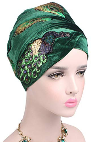 MoreChioce Muslimische Kopftuch,Damen Samt Turban Afrikanischen Kopfschmuck Paillette Pfau Feder Muster Kopfbedeckung Winter Hut Frauen Kopf Wraps Elastische Bonnet Hijab Headwrap,Grün