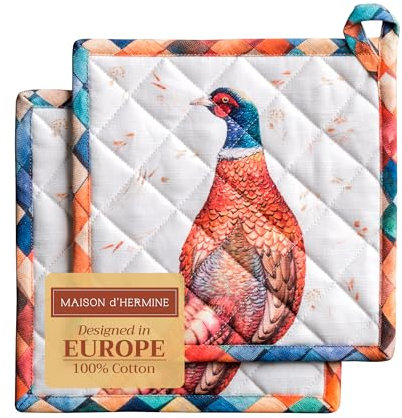 Maison d' Hermine Faisan d'automne - Lot de 2 maniques 100% Coton avec Boucle résistante à la Chaleur pour Barbecue, Cuisson, Gril, Micro-Ondes, Barbecue, Thanksgiving/Noël (20cm x 20cm)