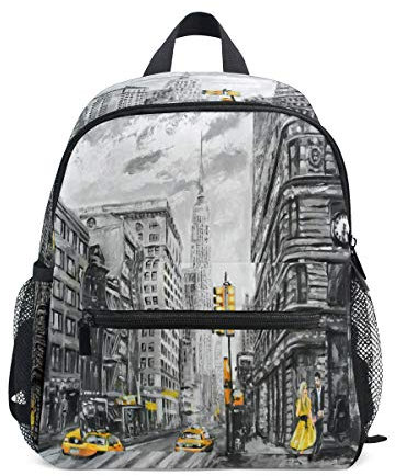 RXYY Kinder Rucksäcke Man Frau Gelb Taxi New York Ölgemälde Tagesrucksäcke Reise Kleinkind Vorschule Schule Tasche Beiläufig Rucksack mit Truhe Gurt zum Mädchen Jungs