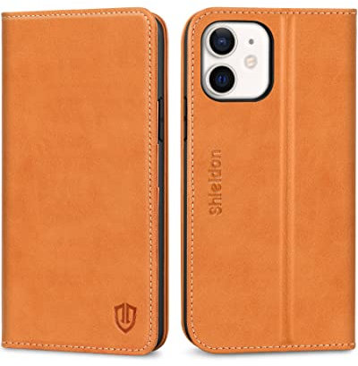 SHIELDON Case for iPhone 12/12 Pro, Shockproof Genuine Leather Wallet Case with RFID Blocking, TPU Shell, Kickstand, Card Slots, Flip Folio Cover Compatible with iPhone 12/12 Pro, 6.1, 2020, Brown