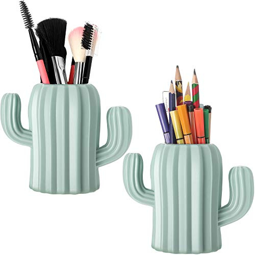 Zonon 2 Pieces Cactus Pen Holder Cactus Pen Pencil Container Desktop Supplies Pen Cups Cosmetic Makeup Brush Holder for Student Multifunction Storage Box Office (Green)