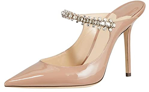 MIRAAZZURRA Damen Pantoletten mit Absatz, Strass, Riemchen, spitzer Zehenbereich, Pantoletten, Stiletto, High Heels, Slipper, Brautsandalen für Frauen, Beige (Hautfarben, 10 cm.), 41 EU