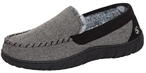 Strong Souls Herren-Mokassin-Hausschuhe aus Memory-Schaum, gefüttert mit Schaffell, für drinnen und draußen, rutschfeste Hausschuhe, Schwarzer Tweed, 42 2/3 EU
