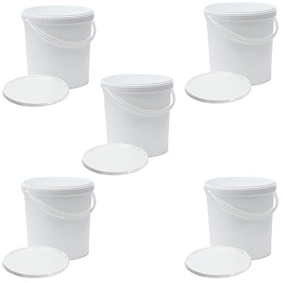 Pack of 5 x 20 Litre Food Grade Plastic Bucket with Lid and Plastic Handle, White, Airtight, Recyclable & BPA Free