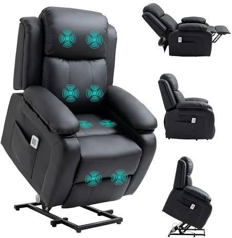 HOMCOM Riser and Recliner Chair with Massage, Power Lift Recliner Chair for Elderly with Remote Control, Extended Footrest, Dual Side Pockets, Overstuffed Electric Reclining Armchair, Black