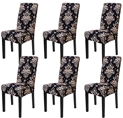 mafudoxi Stuhlhussen 6er Set, Stretch Abnehmbare Waschbar Stuhlbezug, Stretch Stuhlhusse mit Gummiband, für Hotel, Bankett, Restaurant, Haus, Party, Hochzeit(Black-Flowers, 6Stück)