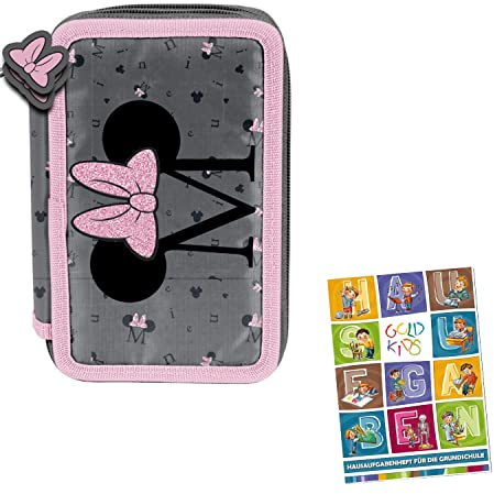 Goldkids Federtasche Minnie Mouse 3-fache Federmappe Federmäppchen 45-teilig gefüllte Schüleretui Stifte und Pinsel inkl. Aufgabenheft Federbox Etui Stiftetasche Schlamper-Etui Schul-Etui