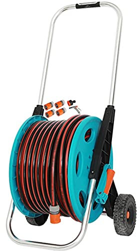 Gartenschlauchwagen mit Schlauch, tragbarer Gartenschlauch-Aufbewahrungswagen mit Rollen, Autowäsche-Reinigungs-Schlauchhalter für den Außenbereich (Color : Blue+red, Size : +DN15 50m Pipe)