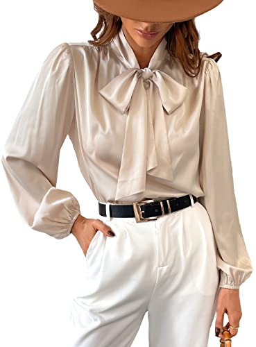 CUPSHE Camicia in raso da donna con papillon, maniche lunghe, collo alto lucido, camicetta casual da lavoro