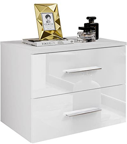 lukmebel Hängender Nachttisch LINA II 55x42x37 cm- LED Beleuchtung - Nachtkästchen - Weiß/Weiß Hochglanz - Verchromte Griffe - Nachtschrank - Beistelltisch mit Schublade - Schlafzimmerschrank