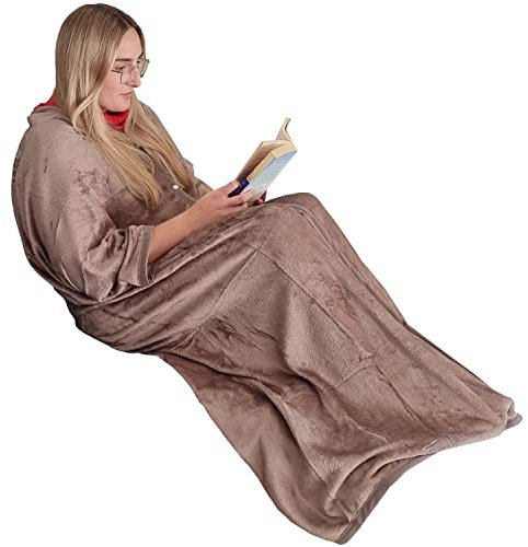DILUMA Kuscheldecke mit Ärmeln 150x170 cm Uni Taupe - Ärmeldecke mit Reißverschluss für Erwachsene & Kinder - TV Decke mit Ärmeln - ÖkoTex100, Kuschelweich, Wärmend, Atmungsaktiv