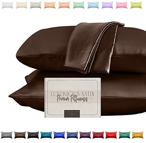 Elegant Comfort Silky and Luxurious 2-Piece Satin Pillowcase Set for Healthier Skin and Hair, Hidden Zipper Closure and Beautifully Packaged, Satin Pillowcase Set, King, Chocolate Brown