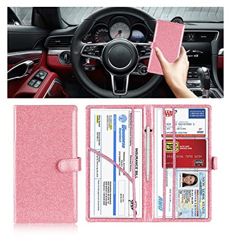 AUCELI Auto Registration And Insurance Dokument Halter, PU Leder Fahrzeug Handschuhfach Auto Organizer, Auto Innenraum Essential Zubehör für Führerschein, Karten & Dokumente (Rosa)